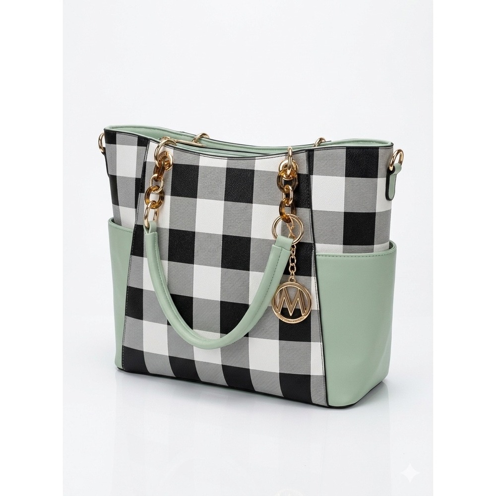 Mia K Collection Buffalo Plaid Tote Bag Sage Green White Vegan Leather - B008